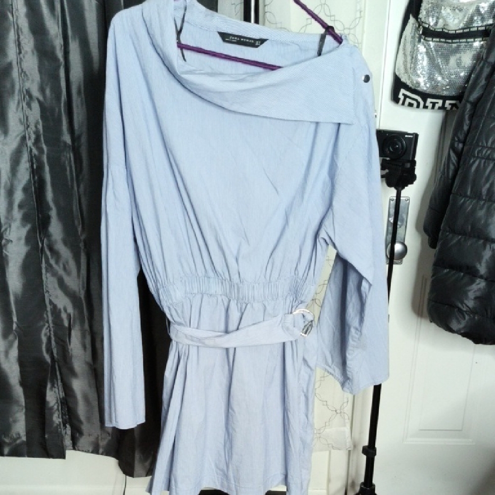 Zara Asymmetric Belted Striped Blouse - Blue & White - Size M